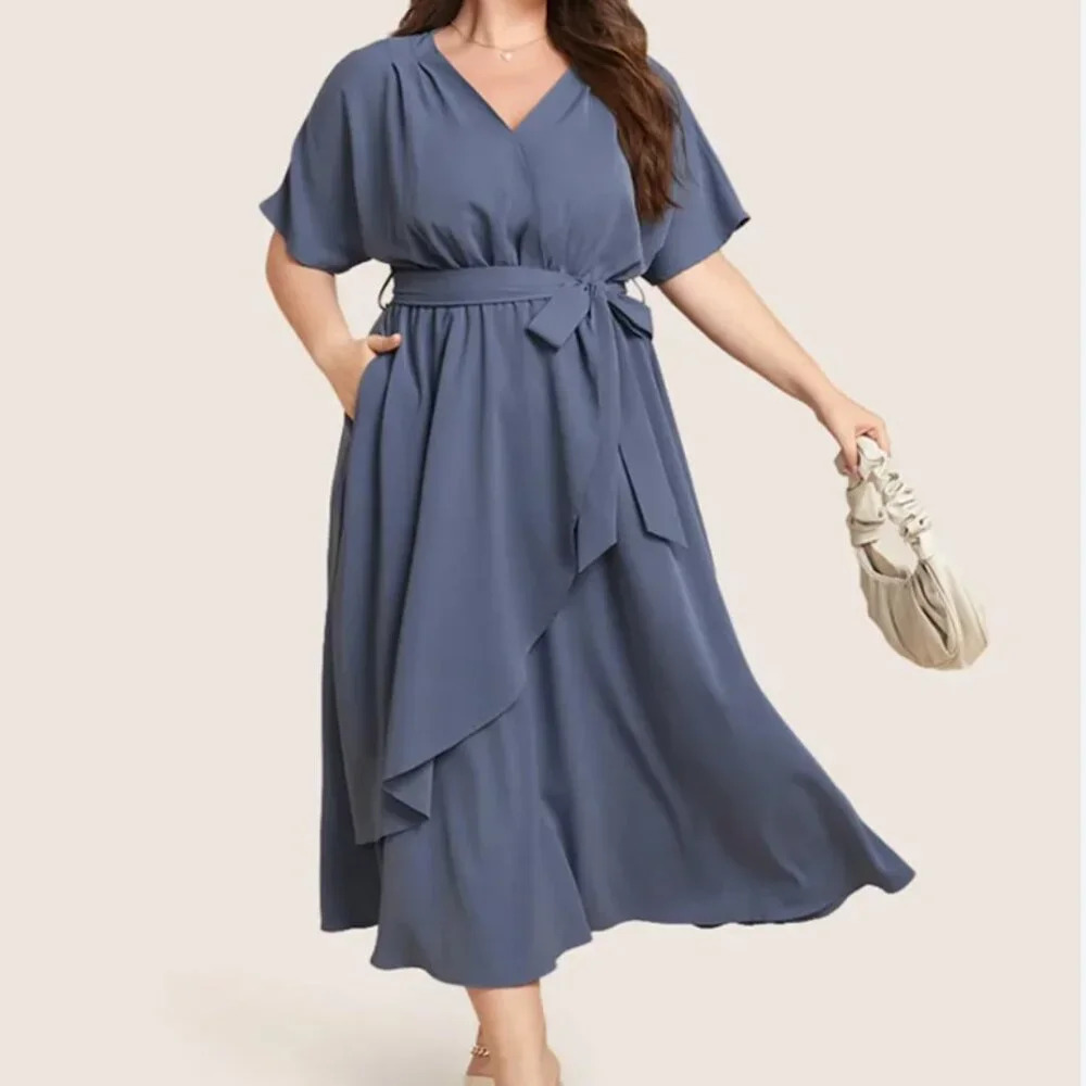 BloomChic 2XL Plain Dolman Sleeve Pocket Belted Surplice Neck Flutter Dress us18 - Picture 3 of 5